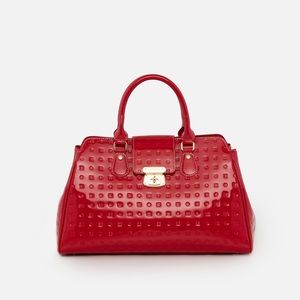 Arcadia Red Logo Embossed Patent Leather Teresa Large Top Handle Bag